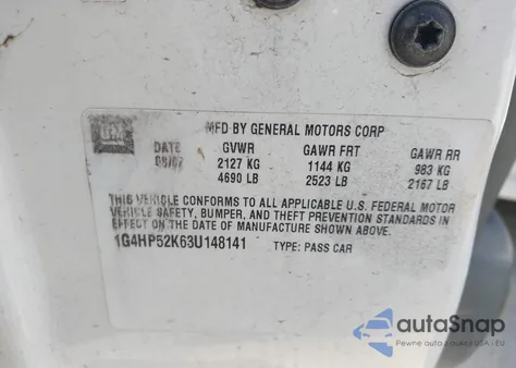 2003 Buick Lesabre Custom z USA, uszkodzony, nr VIN 1G4HP52K63U148141